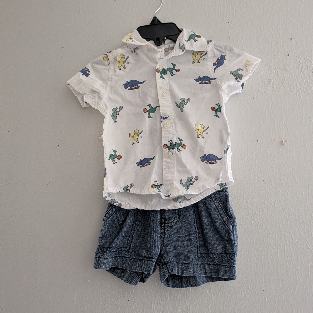 Carter's White Dinosaur Print Button Down Shirt With Short